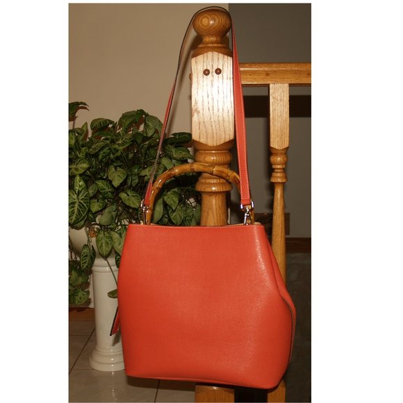 Orange Shoulder Strap Bag with Bamboo Handle - Made in Italy - Picture 3 of 11